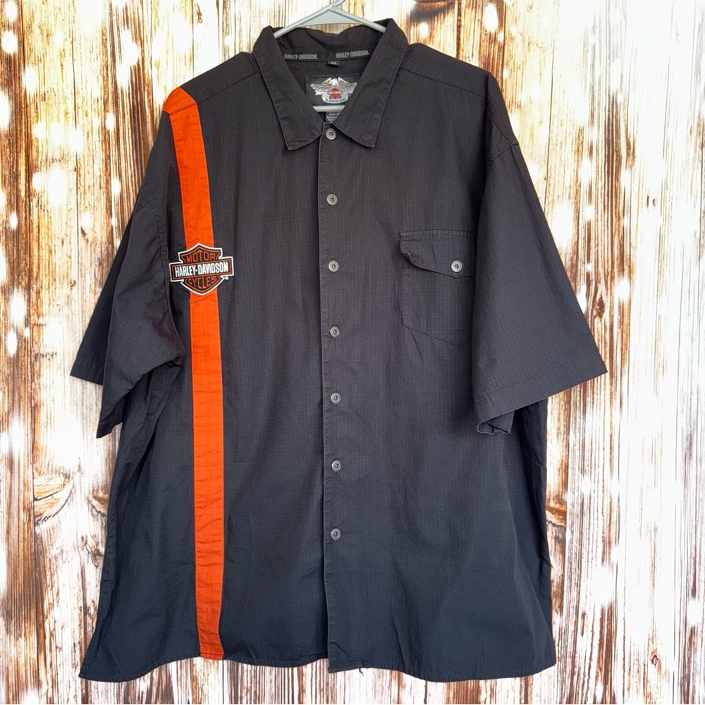 Harley Davidson Black and Orange Collared Short Sleeve Button Up